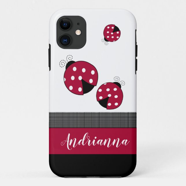 Red Ladybugs Trendy Insect Bugs White Black Check Case-Mate iPhone Case (Back)