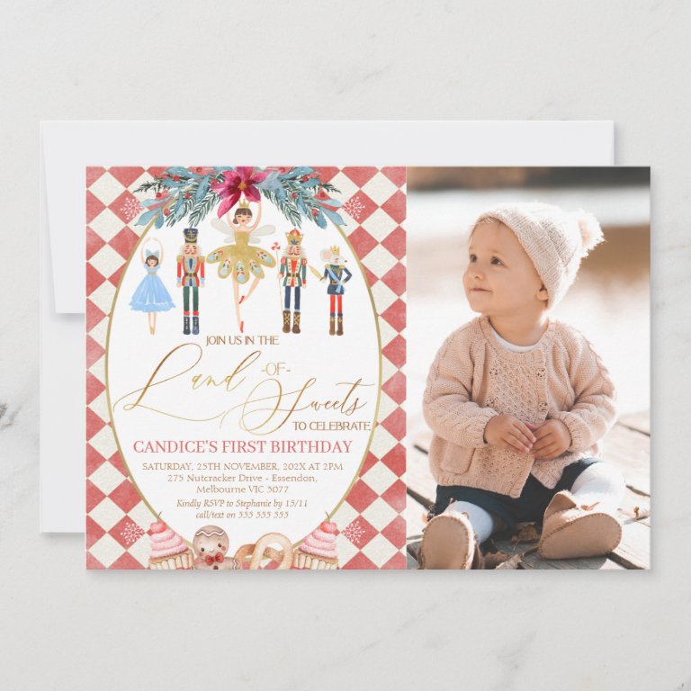 Red Land of Sweets Nutcracker Photo Birthday Invitation