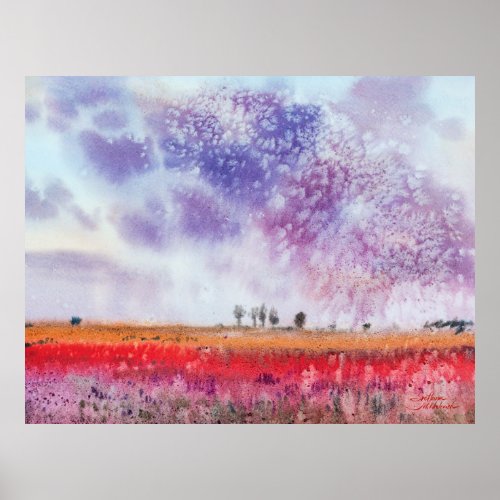 Red landscape with clouds Watercolor Poster