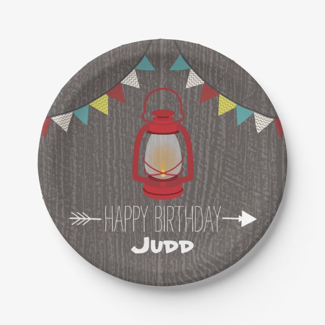 Red Lantern Camping Birthday Paper Plates (Front)