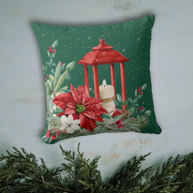 Red Lantern Candle Poinsettia Bouquet Throw Pillow (Creator Uploaded)