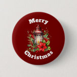 Red Lantern Poinsettia and Pine Merry Christmas Button