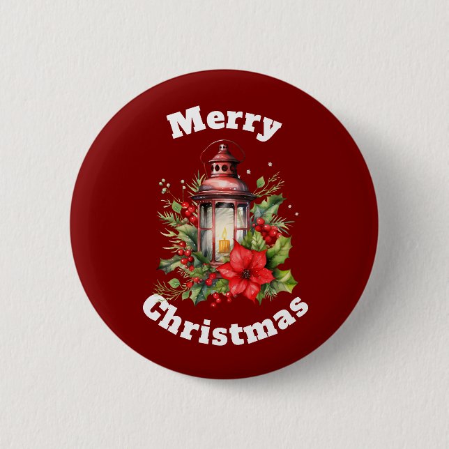 Red Lantern Poinsettia and Pine Merry Christmas Button (Front)