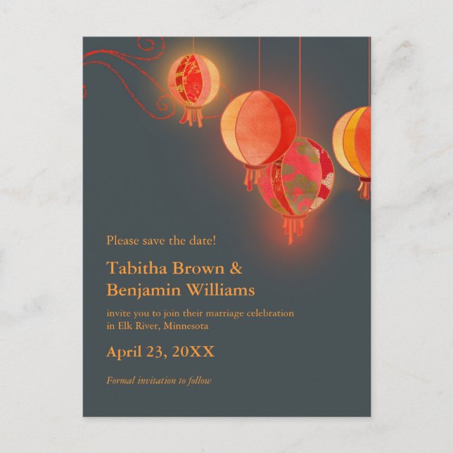 Red Lanterns Charcoal Gray Wedding Save the Date Announcement Postcard (Front)