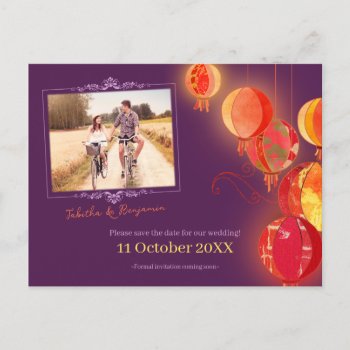Red Lanterns Purple Wedding Photo Save The Date Announcement Postcard by BridalHeaven at Zazzle
