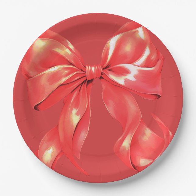 Red Large Bow Elegant  Paper Plates (Front)