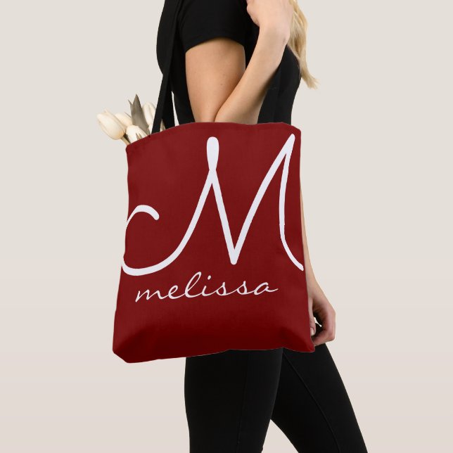 Red Large Tote Bag with Name and Initial (Close Up)