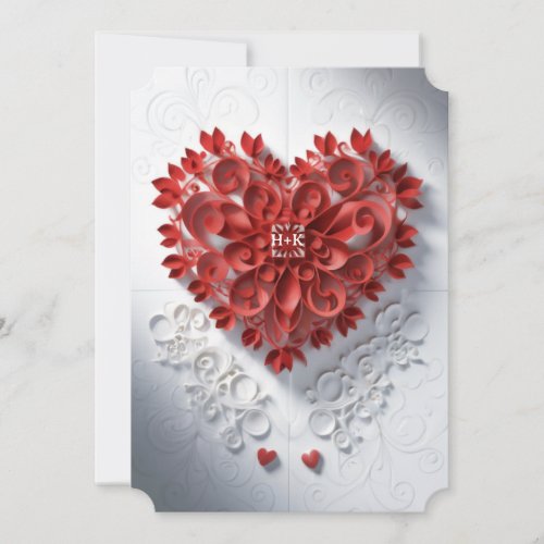 Red Laser Cut Paper Heart with Initials in Center Invitation