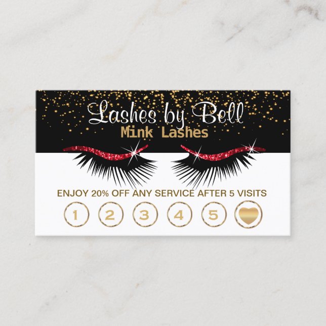 Red Lashes Loyalty Cards on Black & White (Front)
