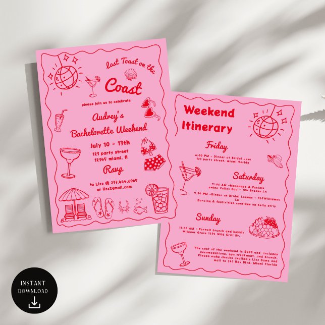Red Last Toast On The Coast Bachelorette Weekend Invitation (Creator Uploaded)