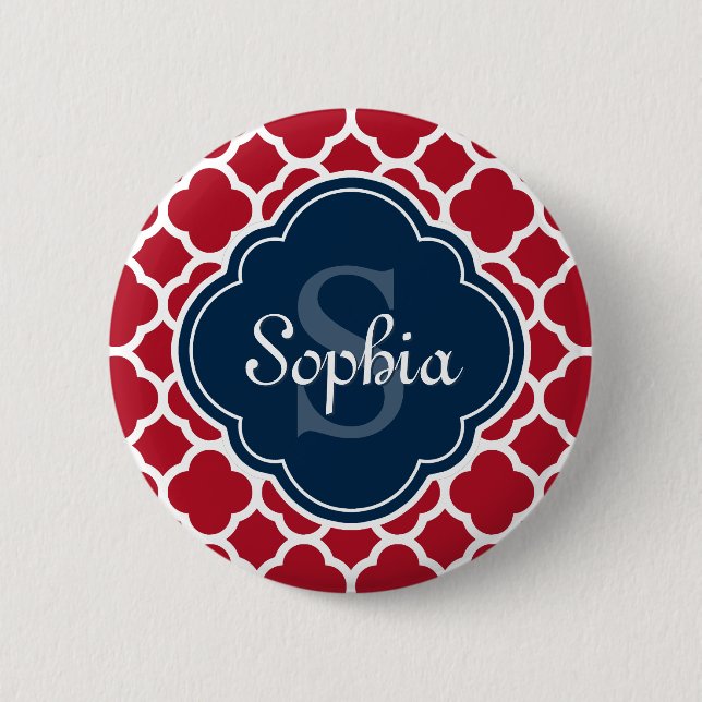 Red Lattice Pattern Navy Monogram Button (Front)