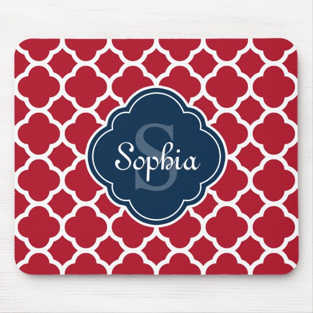 Red Lattice Pattern Navy Monogram Mouse Pad (Front)