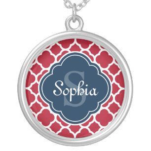 Red Lattice Pattern Navy Monogram Silver Plated Necklace