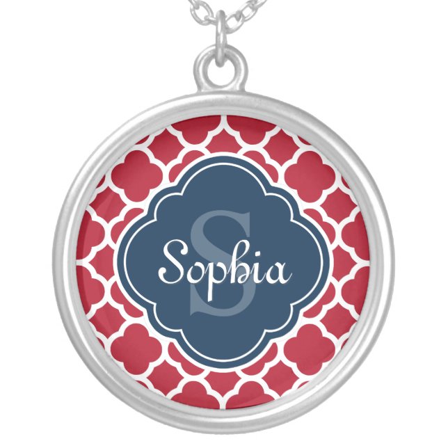 Red Lattice Pattern Navy Monogram Silver Plated Necklace (Front)
