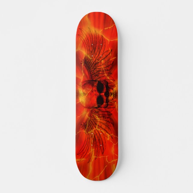 Red Lava Burst Winged Skull Skateboard Deck (Front)
