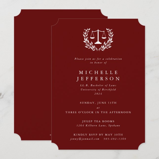 Red Law Qualifications Laurel Wreath Invitation (Front/Back)
