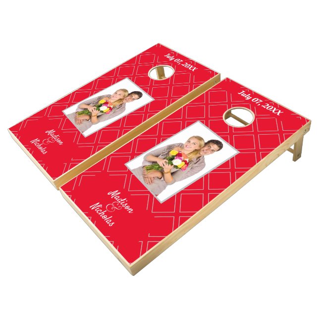 Red Lawn Wedding Game Photo White Font Cornhole (Angled)