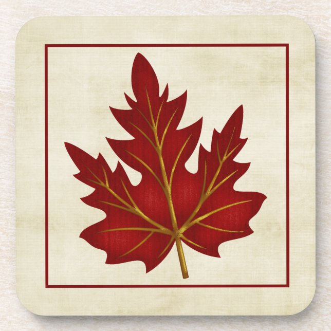 Red Leaf Fall Season Themed Cork Coaster (Front)