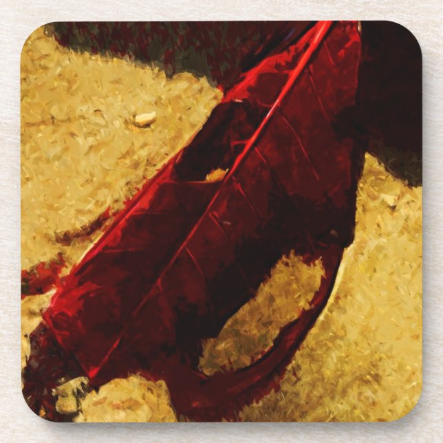 Red Leaf on Beach Abstract Impressionism Drink Coaster (Front)