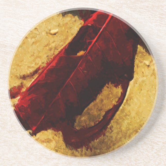 Red Leaf on Beach Abstract Impressionism Sandstone Coaster (Front)
