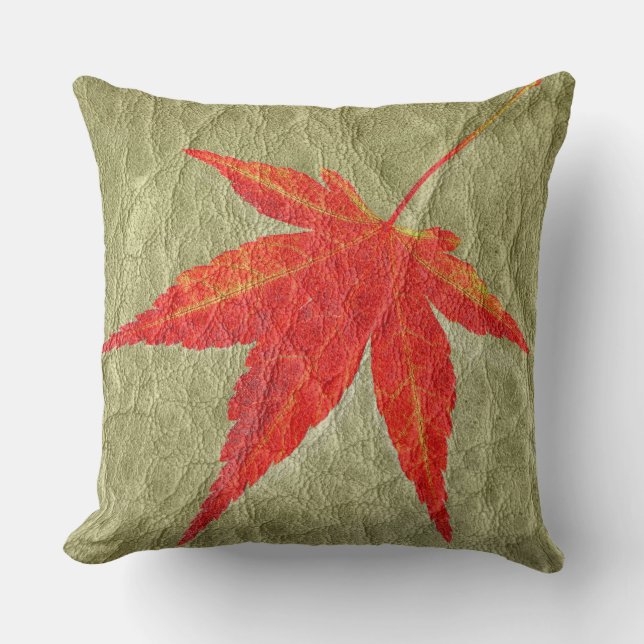 Red Leaf on Tan Leather Throw Pillow (Front)