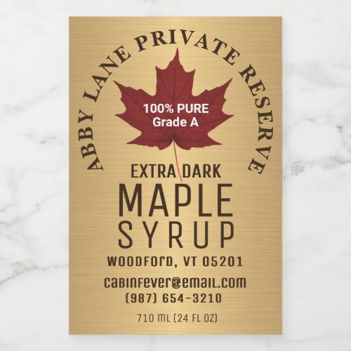  Red Leaf Pure Maple Syrup Circular Logo on Gold  Wine Label