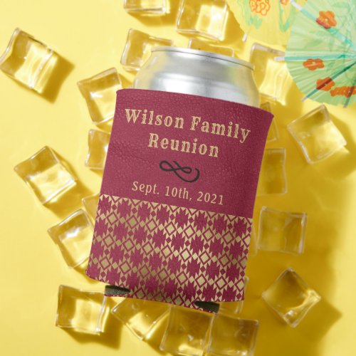 Red Leather and Gold Geometric Family Reunion Can Cooler