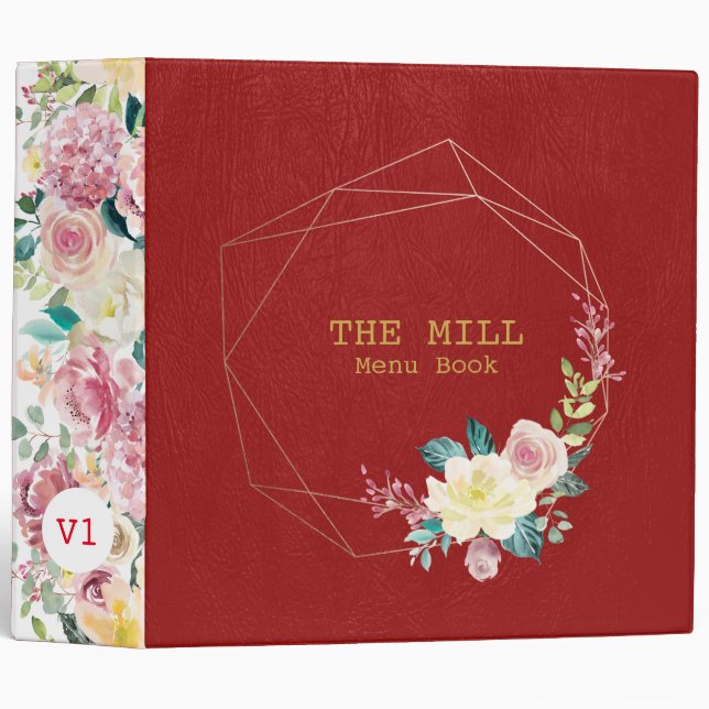 Red leather geometric floral frame 3 ring binder (Front/Spine)