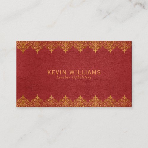 Red Leather  Gold Border Swirls Business Card