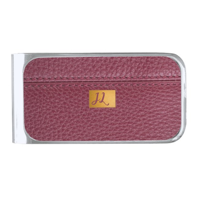 Red Leather Look  File Folder Silver Finish Money Clip (Front)