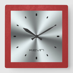 Red Leather & Metallic Stainless Steel Square Wall Clock