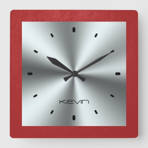 Red Leather  Metallic Stainless Steel Square Wall Clock