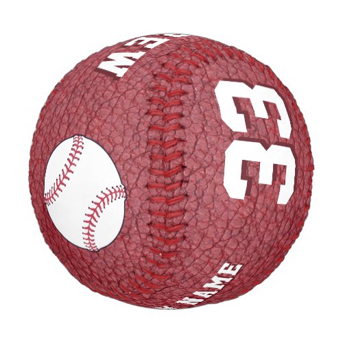 Red Leather Print Player Name Team Number Baseball - Red Leather Print Player Name Team Number Baseball. The background is red leather print. You can make your own unique baseball - personalize it with your name, team  name and your number. Great as a keepsake to remember your favorite sport and a perfect gift for baseball players, teammates, coach, your friends and family.