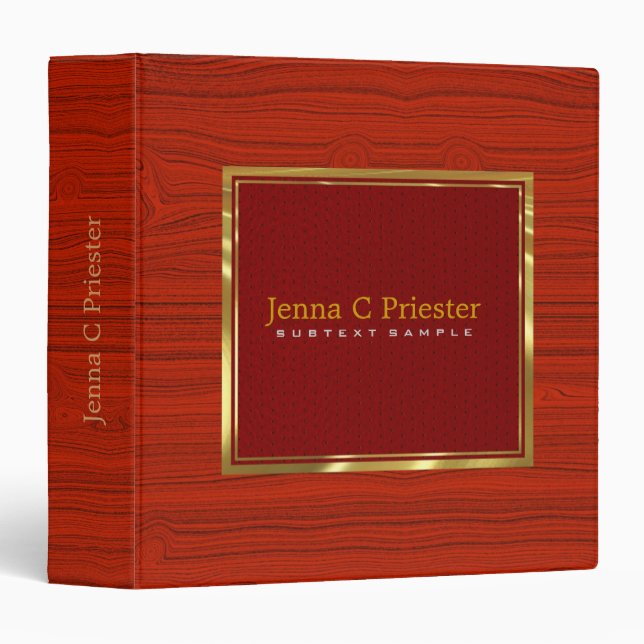 Red Leather Red Wood Touch Of Metallic Gold. 3 Ring Binder (Front/Spine)