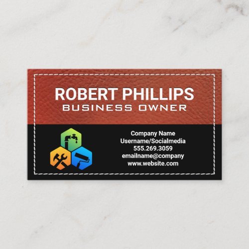 Red Leather Stitched  Home Services Icon Business Card