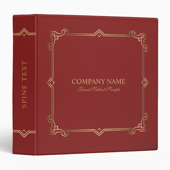 Red Leather Texture Gold Frame 3 Ring Binder (Front/Spine)