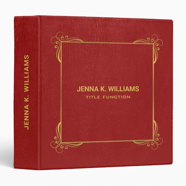 Red Leather Texture Gold Frame Custom Text 3 Ring Binder (Front/Spine)