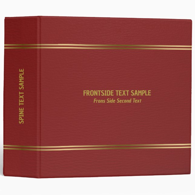 Red Leather Texture Gold Tones Stripes Accent 3 Ring Binder (Front/Spine)