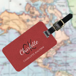 Red leather texture monogram luggage tag<br><div class="desc">Red faux leather print as background. Personalize and add your monogram letters,  first name and full name on the front. Your contact information on the back.</div>