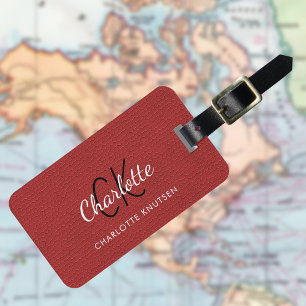 Red leather texture monogram luggage tag
