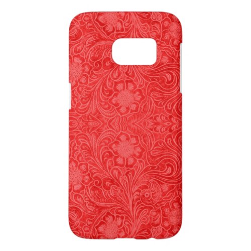 Red Leather Texture Print Embossed Flowers Pattern Samsung Galaxy S7 Case