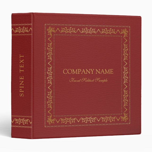 Red Leather Texture Vintage Gold Frame 3 Ring Binder (Front/Spine)