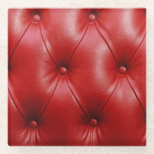 Red Leather: Upholstery Pattern Elegance. Glass Coaster