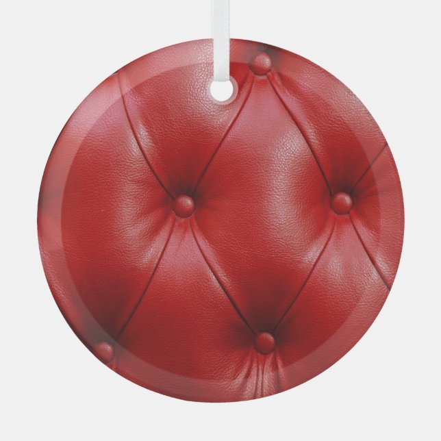 Red Leather: Upholstery Pattern Elegance. Glass Ornament (Front)