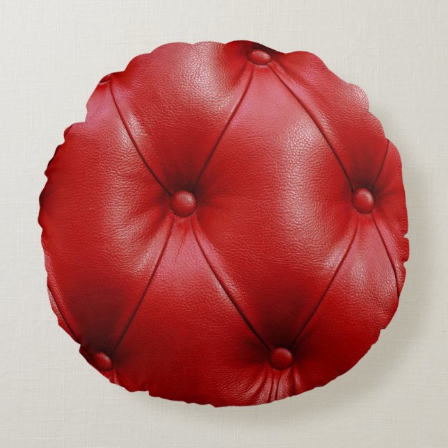 Red Leather: Upholstery Pattern Elegance. Round Pillow (Front)