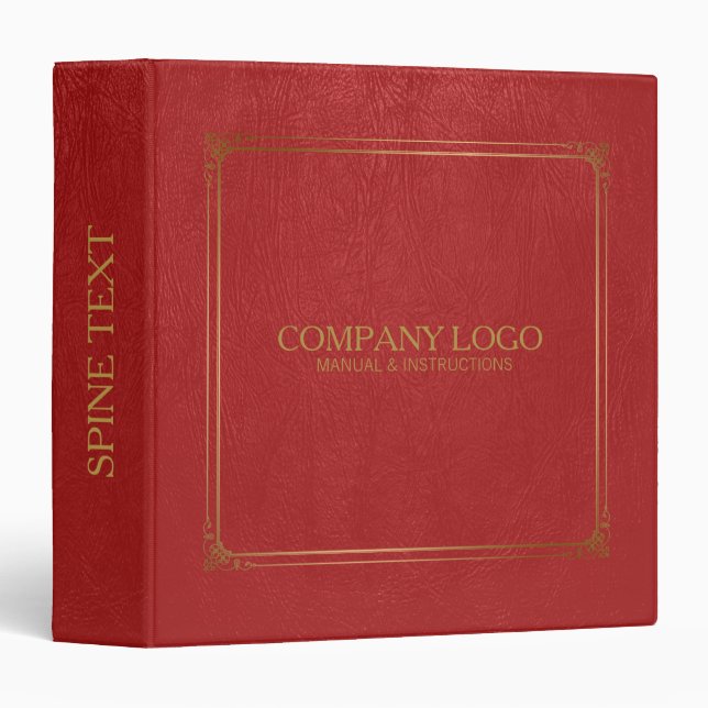 Red Leather With Gold Frame Accent 3 Ring Binder (Front/Spine)