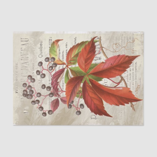 Red Leaves Berries Fall Foliage French Decoupage  Tissue Paper (Front)