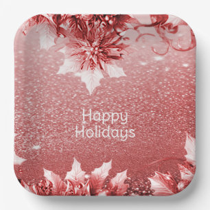 Red Leaves Christmas Holiday Paper Plates