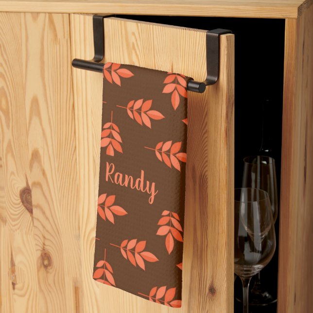 Red leaves custom name brown kitchen towel (Thirds Fold)