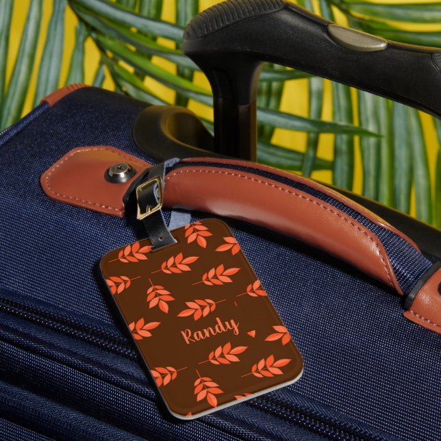 Red leaves custom name brown luggage tag (Front Insitu 1)